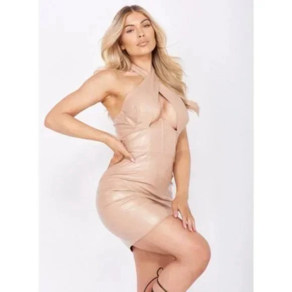 Nude Vegan Leather Faux Leather Sleeveless Halter Neck Bodycon Mini Dress - Picture 17 of 17